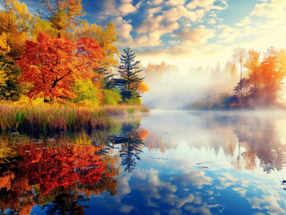 Vibrant Autumn Reflections in Forest Lake