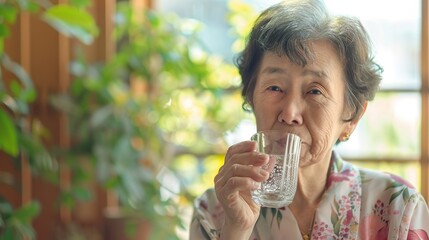 水を飲む60代のアジア人女性01
