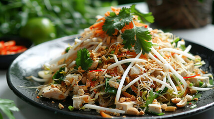 Asian-inspired vibrant malaysian salad with bean sprouts, tofu, peanuts, and herbs beautifully presented on a black plate