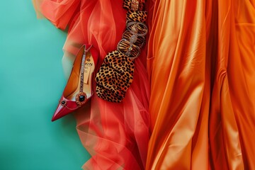 Chic and Glamorous Evening Ensemble with Vibrant Colors and Subtle Animal Print Accents