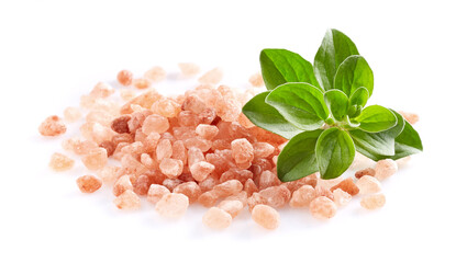 Himalayan salt with marjoram leaves on white background
