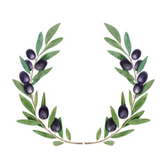 Watercolor wreath with black olive berries and leaves. Hand drawn botanical illustration isolated on white background. Can be used for cards, logos and food design.