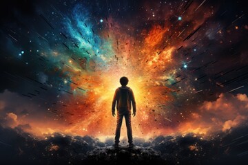 Fototapeta premium A man standing in front of galaxy splash bomb blast