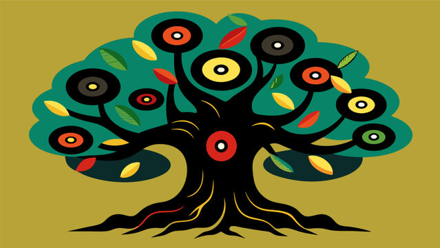A sprawling banyan tree with intertwining branches holding vinyl records of reggae ska and dub music. Vector illustration