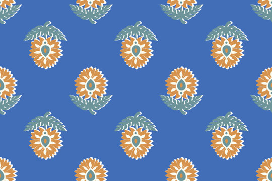 floral ethnic ikat seamless pattern traditional design for background, carpet, wallpaper, clothing, wrapping, fabric, vector illustration, embroidery style, Ajrakh, block print, batik print allovers