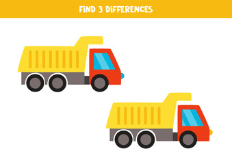 Find 3 differences between two cute cartoon toy truck.