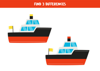 Find 3 differences between two cute cartoon toy ship.