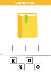 Spelling game for preschool kids. Cute cartoon yellow book.