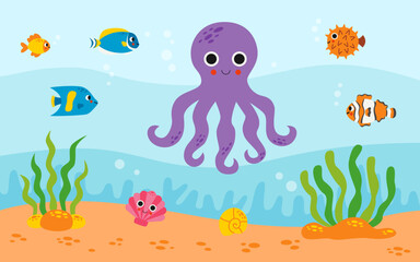 Seascape with cute sea animals. Vector illustration.