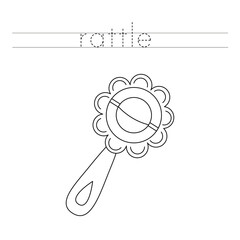 Trace the letters and color cartoon toy rattle. Handwriting practice for kids.