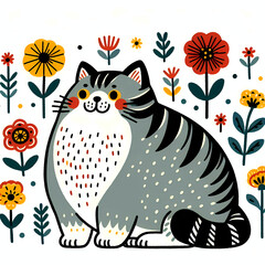 Simple folk style illustration of a cat with red and yellow flowers.