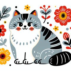 Simple folk style illustration of a cat with red and yellow flowers.