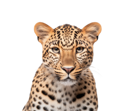 A captivating close-up of a leopard's face, its gaze intense, set against a transparent background. Generative AI