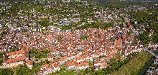 Aerial view of the city Tübingen in spring on a sunny day