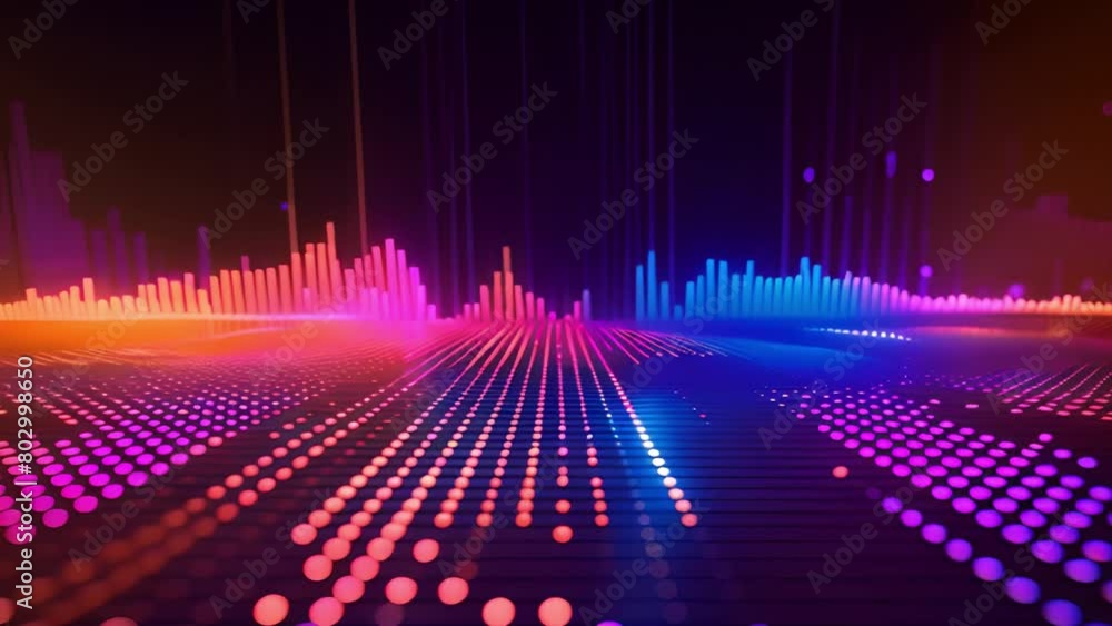 Poster a vivid spectrum of sound waves animating across a grid in a dark setting.