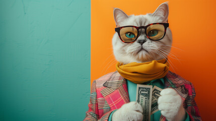A cool, rich cat is dressed in a stylish suit and sunglasses holding cash money, standing confidently against a vibrant background.