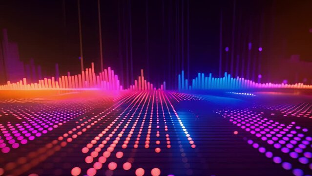A vivid spectrum of sound waves animating across a grid in a dark setting.