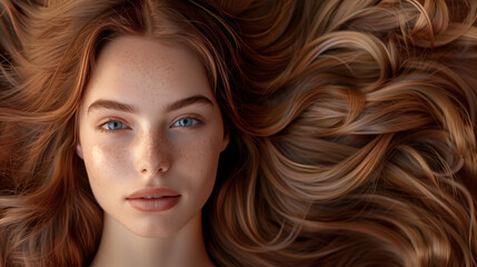 Obraz premium A young, beautiful woman with long, healthy brown hair is depicted in a salon, showcasing a stylish hairdo. The image exudes a sense of beauty and confidence, with copy space