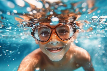 Cheerful caucasian boy child diving underwater, enjoying a delightful and fun swimming experience - Powered by Adobe