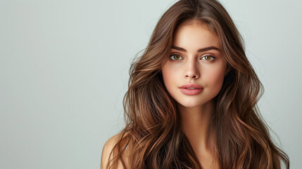 Fototapeta premium A young, beautiful woman with long, healthy brown hair is depicted in a salon, showcasing a stylish hairdo. The image exudes a sense of beauty and confidence, with copy space