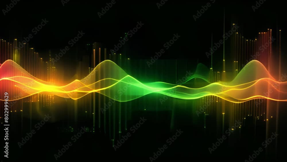 Poster A dynamic and colorful sound wave displayed on a black background, showcasing a range of frequencies and amplitudes.