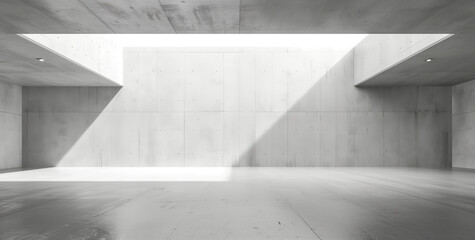 Empty concrete room interior with large empty wall and bright white lighting from above, 3d rendering