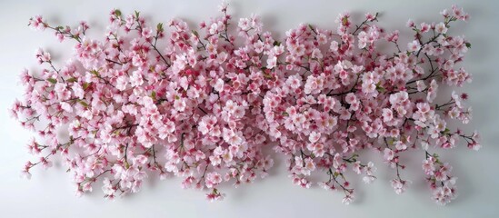 Creative arrangement of a blooming cherry tree in spring, featuring pink Sakura flowers in a nature-themed design element. Displayed from a top view perspective.