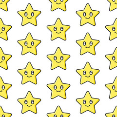 Yellow kawaii stars with smiling faces and black outline. Vector seamless pattern. Best for textile, print, wrapping paper, package and your design.