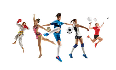 Fototapeta na wymiar Collage of different professional sportsmen, fit men and women in action and motion isolated on transparent background. Made of 5 models. Concept of sport, achievements, competition, championship.
