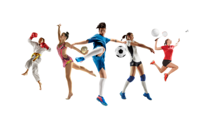 Collage of different professional sportsmen, fit men and women in action and motion isolated on transparent background. Made of 5 models. Concept of sport, achievements, competition, championship.