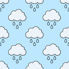 White clouds with black outline on blue background. Vector seamless pattern. Best for textile, print, wrapping paper, package and your design.
