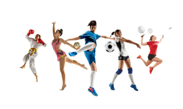Collage of different professional sportsmen, fit men and women in action and motion isolated on transparent background. Made of 5 models. Concept of sport, achievements, competition, championship.