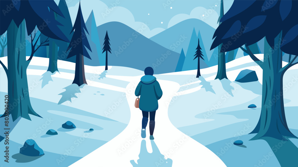 Poster the patient is guided to visualize themselves walking through a pristine snowy forest leaving behind