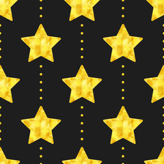 Gold jewel stars on black dotted background. Vector seamless pattern. Best for textile, print, wrapping paper, package and home decoration.
