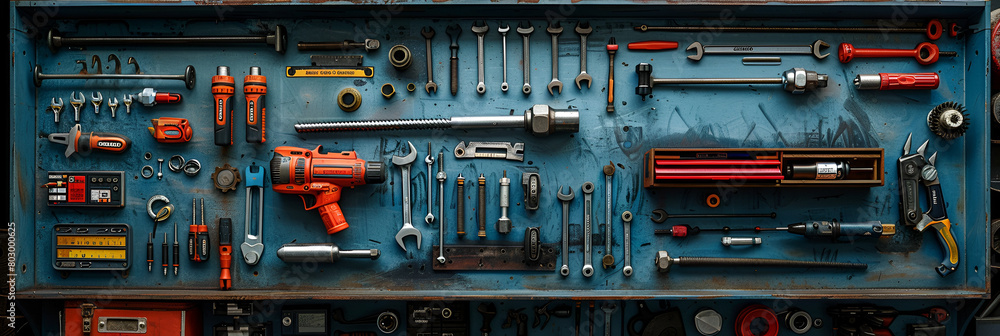 Wall mural a photo of a shelf with various automotive tools