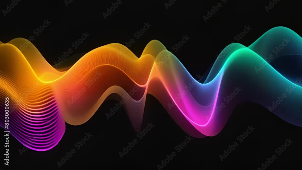 Poster a wavy pattern of luminous, multicolored lines representing digital audio frequencies in motion.