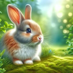 Fototapeta premium A close-up view of a beautiful rabbit looking away with a blurred nature background - Rabbit portrait illustration - Wildlife concept