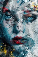 Modern abstract female portrait poster decoration art in white, blue, red and yellow colors