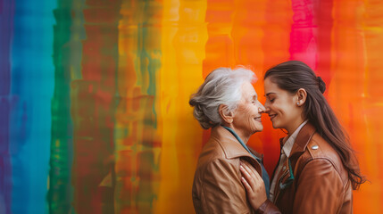 Against a vibrant rainbow background, a happy senior lesbian couple embraces warmly, their smiles radiating joy and love, while a candid inclusion and diversity banner at a pride event.