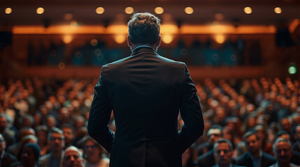 Back view of motivational speaker standing on stage in front of audience at business event