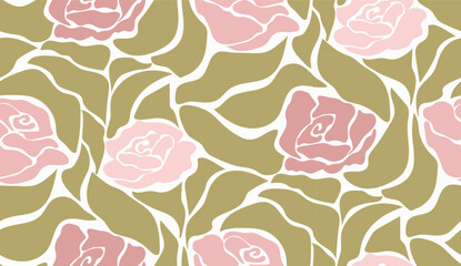 Abstract vector floral seamless pattern. Minimalistic romantic roses graden retro 70s style groovy flowers design for prints.