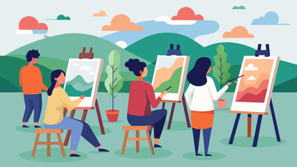 A row of easels set up in a community center with students painting beautiful landscapes while learning about the theutic benefits of art in a.