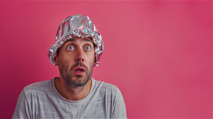 Man with a shocked expression is wearing tin foil hat