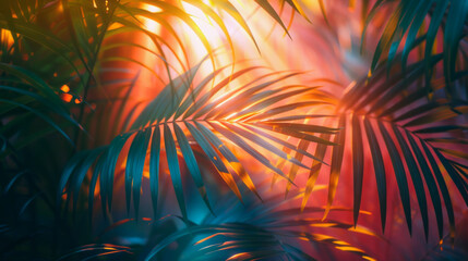 The sun's rays enhance the lush green leaves of a tropical plant, reflecting the vitality and tranquility of summer.