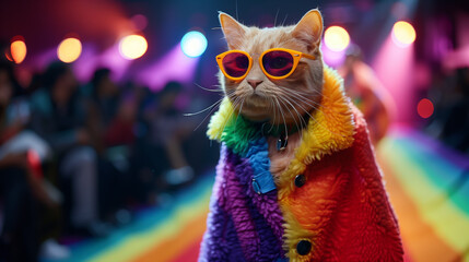Cat wearing rainbow walking on a runway wearing as fashion week shown pride month festival
