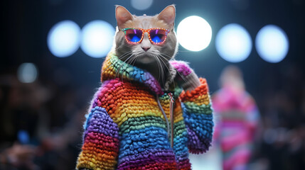 Cat wearing rainbow walking on a runway wearing as fashion week shown pride month festival