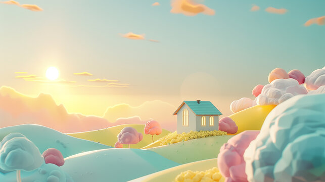 3d render of small house in the desert with clouds and sky
