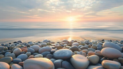 Obraz premium A tranquil beach scene at sunset, the sky painted in soft pastel colors.