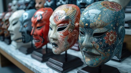 Intriguing Row of colorful masks on wall. Ornament texture face art culture