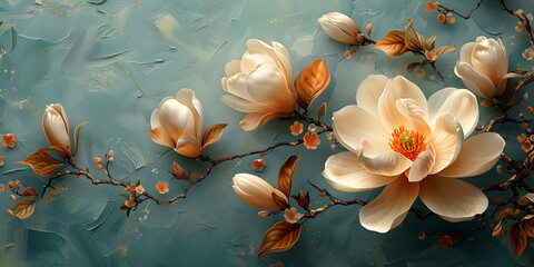 Romantic Magnolia Bloom on Turquoise Background - Illustration